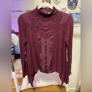 Free People Burgundy Lace Accent Blouse